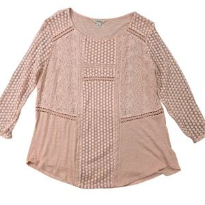 Lucky Brand Womens Top L‎ Pink Lace 3/4 Sleeve Cottagecore Prairiecore Romantic